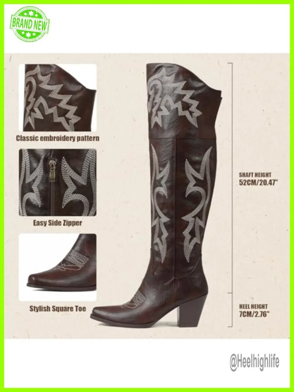Over the Knee Boots Pointed Toe Chunky Heel Embroidered Western Cowgirl Boots